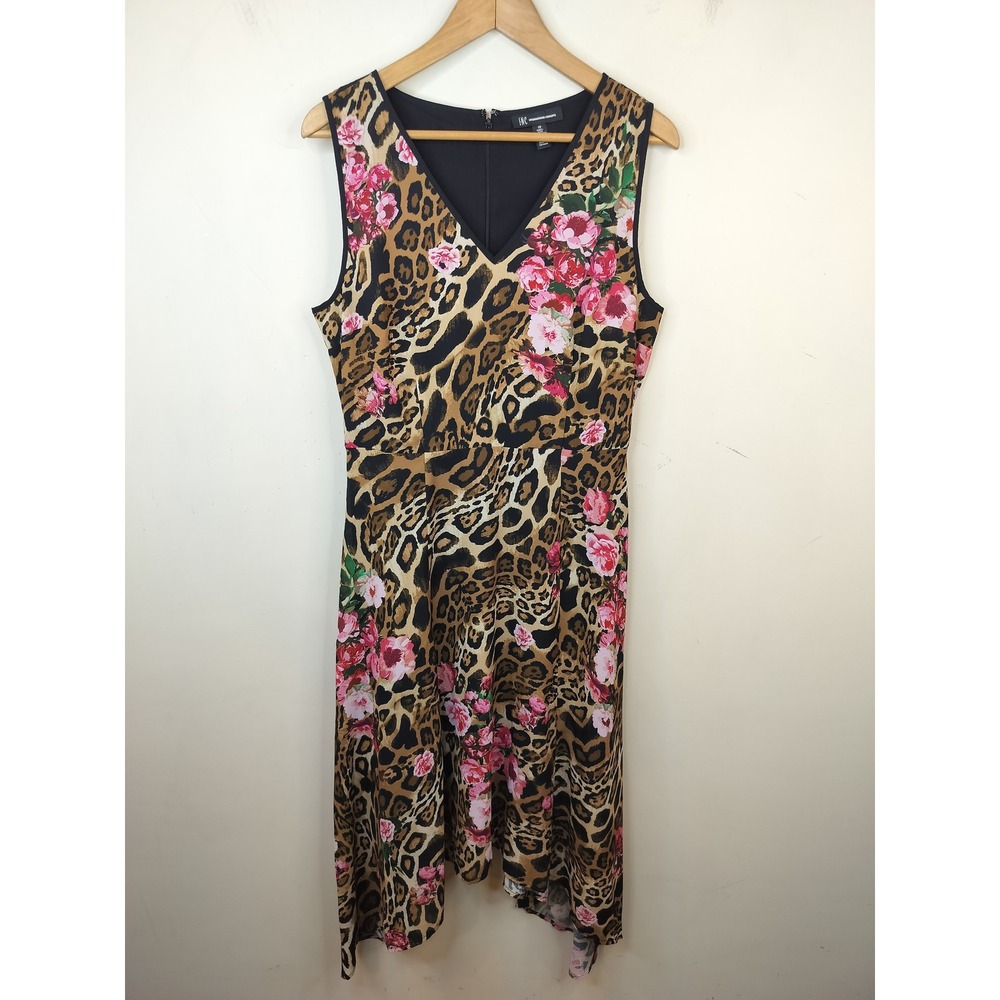 INC Leopard Floral Handkerchief Dress 10 Women's Asymmetrical Midi Maximal